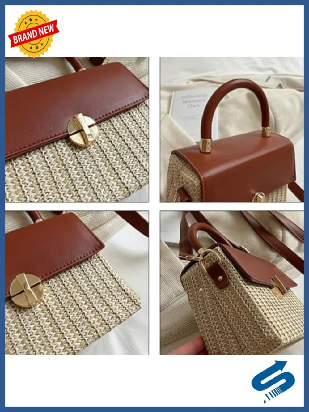 Woven Straw Crossbody Bag Women PU Leather Flap Box Purse Mini Satchel Travel